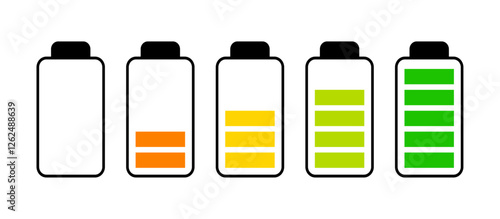 Charging battery icon set with 0,% 25%, 50%, 75%, 100% indicator in green. Battery charge flat icons. Charge indicator. Vector battery power icon powerfully charged. Vector illustration.