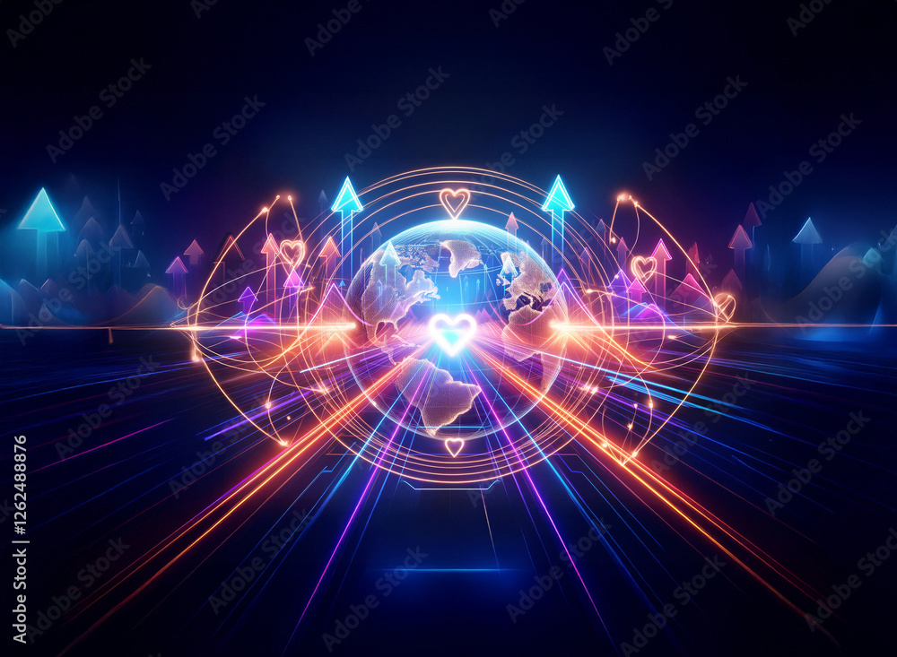 Obraz premium Futuristic digital globe with a central heart symbol, encircled by vibrant glowing lines and upward arrows in neon blue, orange, and purple hues, evoking technology and connection.