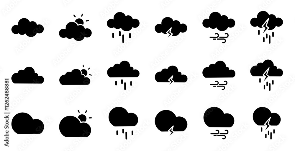 Set of black fill icon weather, sunny, cloudy, lightning, rain, wind, thunderstorms vector illustration. Set of black fill icon weather, sunny, cloudy, lightning, rain, wind, thunderstorms vector illustration.