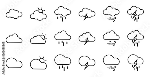 Set of outline icon weather, sunny, cloudy, lightning, rain, wind, thunderstorms vector illustration.