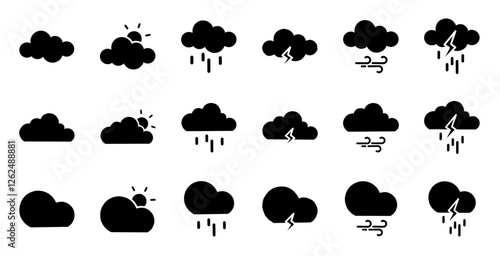 Set of black fill icon weather, sunny, cloudy, lightning, rain, wind, thunderstorms vector illustration.