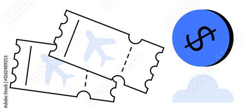 Two airline tickets, blue circle with dollar sign, small cloud. Ideal for travel, expenses, savings, vacations, budgeting airline industry. Represents journey costs economic choices abstract line