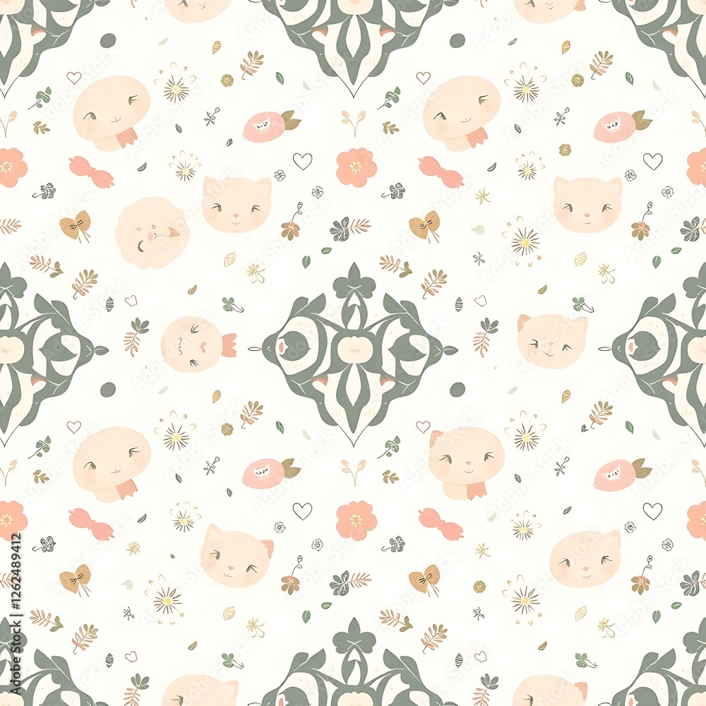 Fototapeta premium Cute Cats and Floral Pattern: Seamless pattern design featuring adorable cartoon cats, delicate flowers, and ornate damask elements in soft pastel colors. Perfect for textile, wallpaper.