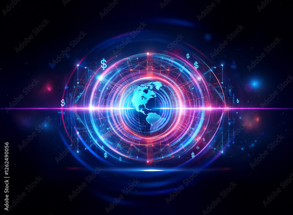 Vibrant globe at center with concentric rings and radiating lines creates an abstract digital network. Futuristic technology concept of global connectivity with illuminated elements. Vibrant globe at center with concentric rings and radiating lines creates an abstract digital network. Futuristic technology concept of global connectivity with illuminated elements.