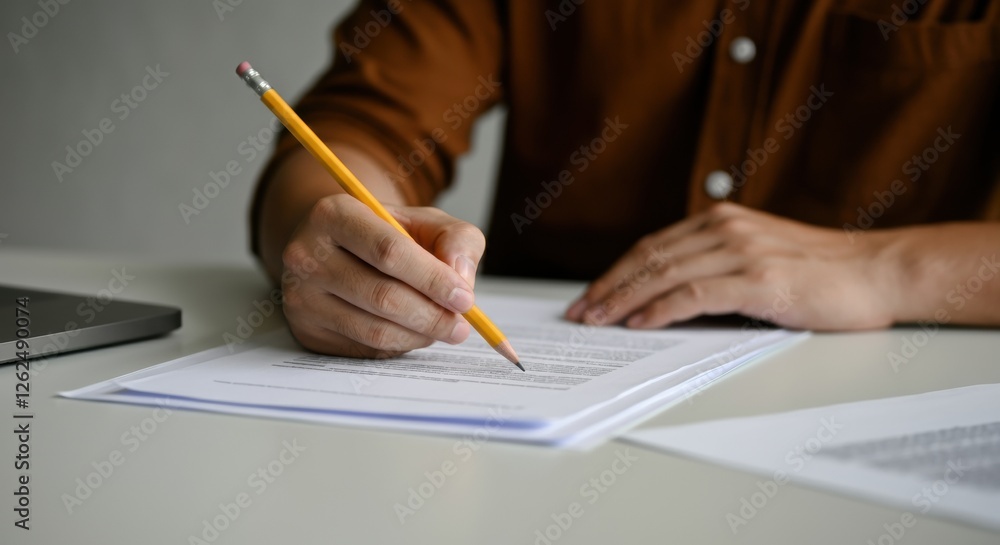 Person writing on documents with a pencil at a desk Person writing on documents with a pencil at a desk