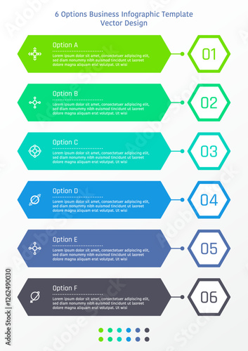 6 options business infographic template, theme of colorful long hexagon bar with hexagon shape at the right side