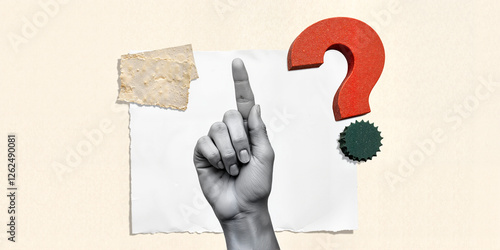 Abstract collage with hand, question mark, and paper tape for conceptual design