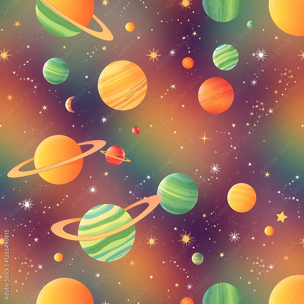Naklejka premium Cosmic Dreamscape: A vibrant, whimsical illustration of planets and stars set against a swirling nebula background. Perfect for children's books, textiles, or space-themed designs. 