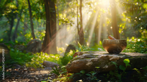 Forest and Tibetan singing bowl placed on a soft surface, symbolizing calmness, meditation, and spiritual well-being. Concept of mindfulness, relaxation, and inner peace.