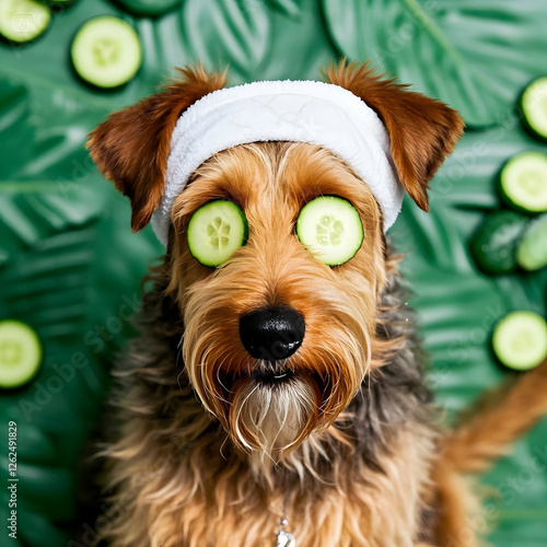 Cute airedale terrier dog enjoying spa day in face mask cucumber patches
