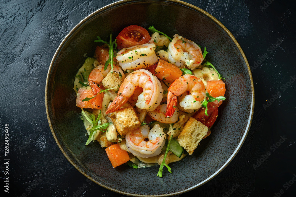 Delicious Shrimp Salad with Croutons and Tomatoes in a Dark Bowl Delicious Shrimp Salad with Croutons and Tomatoes in a Dark Bowl