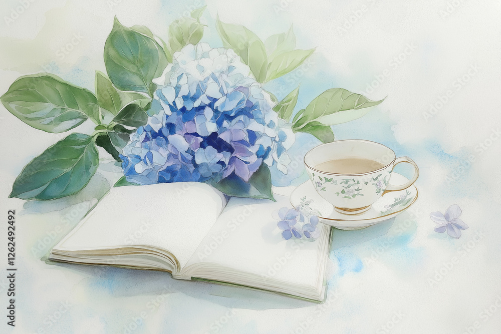 A watercolor-style illustration of a teacup, an open book, and a bouquet of blue hydrangeas create a peaceful and elegant scene A watercolor-style illustration of a teacup, an open book, and a bouquet of blue hydrangeas create a peaceful and elegant scene