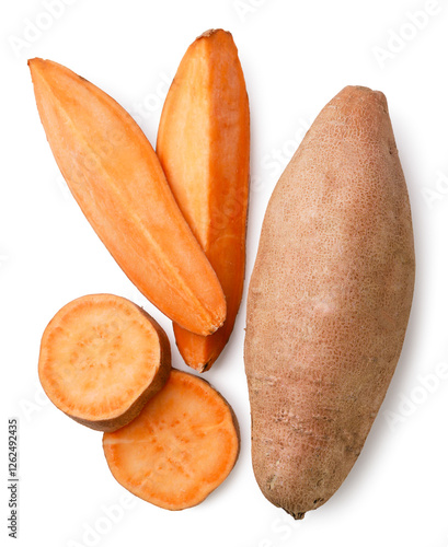 Sweet potato and sliced pieces close-up on a white. Top view