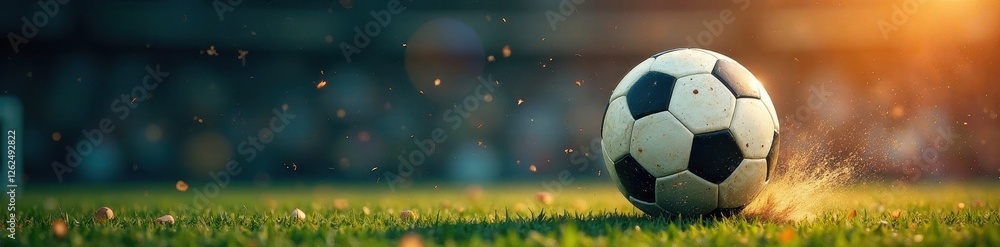 Naklejka premium Grunge textured soccer ball mid-air, dynamic motion , dynamic, soccer ball, grunge