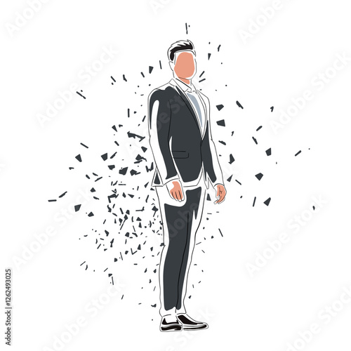 Businessman standing, isolated vector line art flat design illustration with distortion effect. Business man in suit