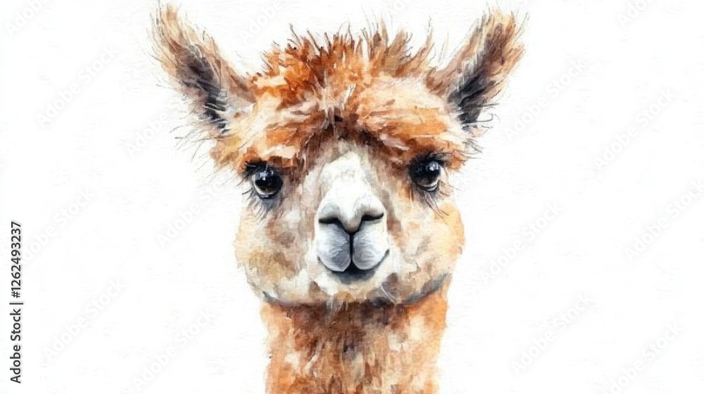 Obraz premium Alpaca portrait, watercolor painting, white background, cute animal