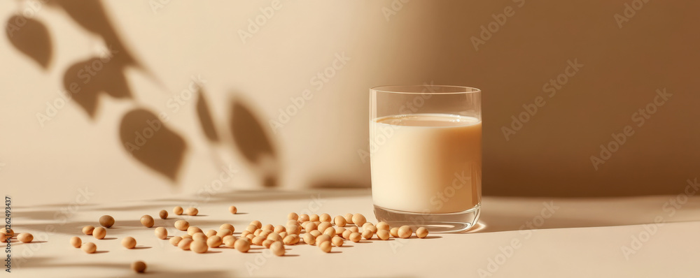 minimal composition of soy milk in sleek glass, surrounded by soybeans, creates serene and inviting atmosphere. soft shadows enhance aesthetic appeal