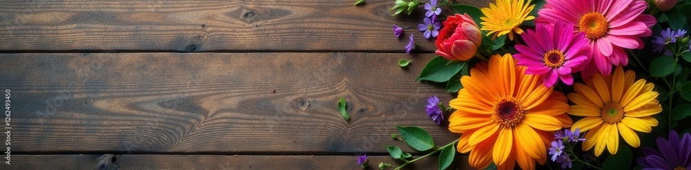 High angle, colorful flowers beside antique photograph on wooden surface , home, artistic