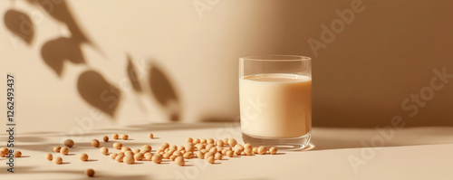 Obraz na płótnie minimal composition of soy milk in sleek glass, surrounded by soybeans, creates serene and inviting atmosphere. soft shadows enhance aesthetic appeal w salonie