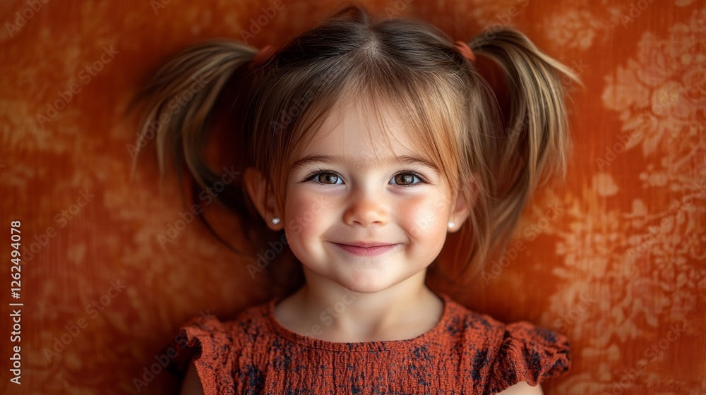 A cheerful young girl with pigtails beams brightly, showcasing her joy. She is dressed in a textured outfit that complements the vivid orange backdrop, creating a warm atmosphere. A cheerful young girl with pigtails beams brightly, showcasing her joy. She is dressed in a textured outfit that complements the vivid orange backdrop, creating a warm atmosphere.