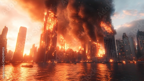 Inferno city, skyscrapers engulfed in flames reflected on waterscape