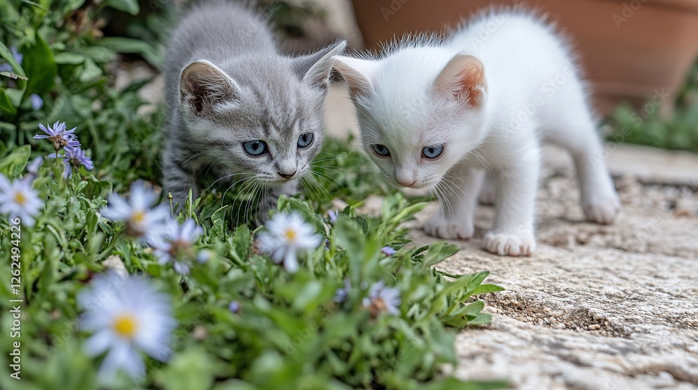 Kittens exploring garden flowers, outdoors, springtime Kittens exploring garden flowers, outdoors, springtime