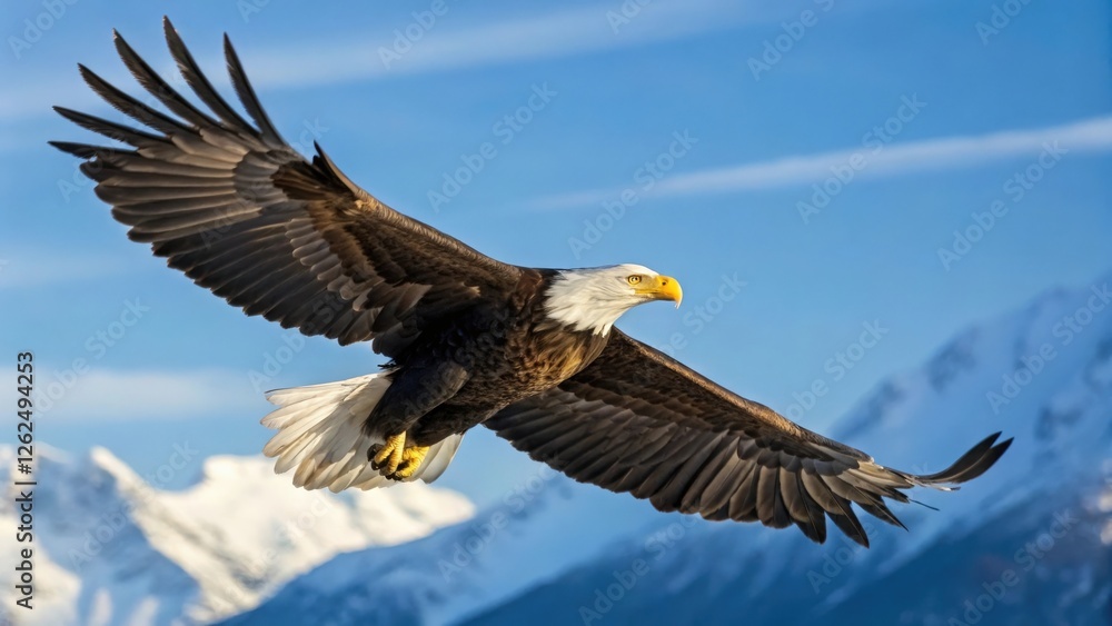 Naklejka premium Majestic bald eagle in flight over snow-capped mountains against a vibrant blue sky
