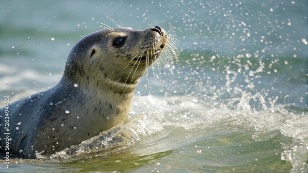 Obraz premium Harbor Seal Emerging from Ocean Waves 