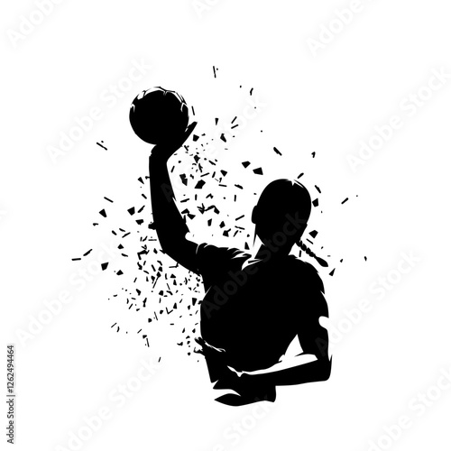 Handball women logo, isolated vector silhouette, front view. Sports clipart with distortion effect