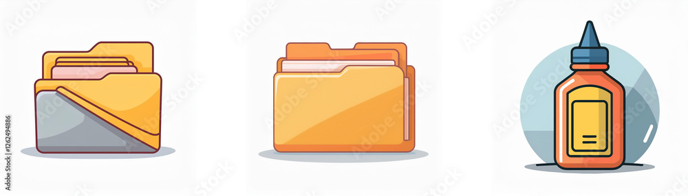 Cartoon icons: two orange file folders for documents and a brown glue bottle with a blue cap, all on a white backdrop. Cartoon icons: two orange file folders for documents and a brown glue bottle with a blue cap, all on a white backdrop.