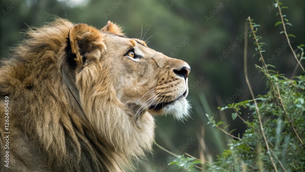 Obraz premium a majestic lion with a thick mane looks into the distance, exuding power and regality. The lion's piercing gaze and majestic presence capture the essence of wild nature.
