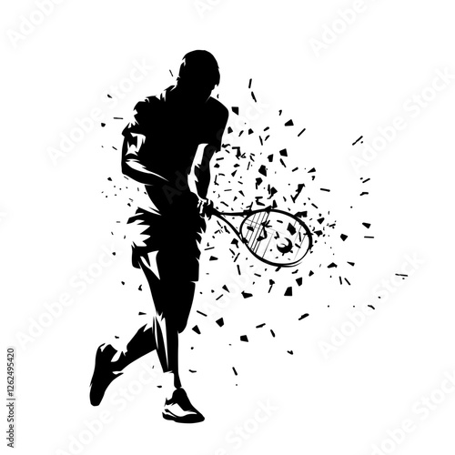 Tennis player, backhand shot, isolated vector silhouette with distortion effect. Sports athlete clip art, front view
