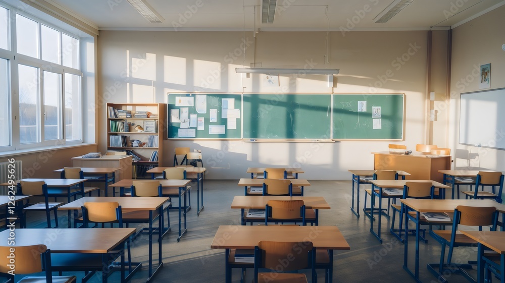 Ein Klassenzimmer mit Tischen und Stühlen ohne Schüler Ein Klassenzimmer mit Tischen und Stühlen ohne Schüler
