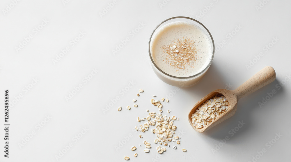 minimalist composition featuring glass of oat drink alongside wooden scoop filled with oats, creating serene and healthy atmosphere minimalist composition featuring glass of oat drink alongside wooden scoop filled with oats, creating serene and healthy atmosphere