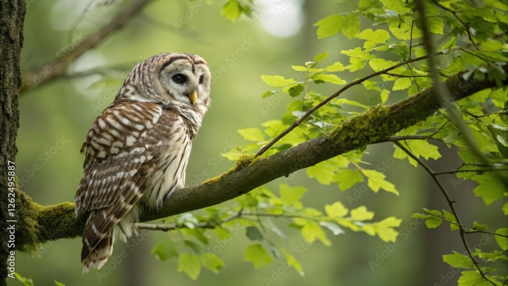 Majestic barred owl perched on a tree branch in a lush forest Majestic barred owl perched on a tree branch in a lush forest