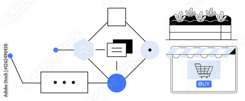 Conjoined geometric shapes, flowcharts indicate digital processes shopping cart shows e-commerce connection elements of technology, automation, efficiency. Ideal for e-commerce, workflow