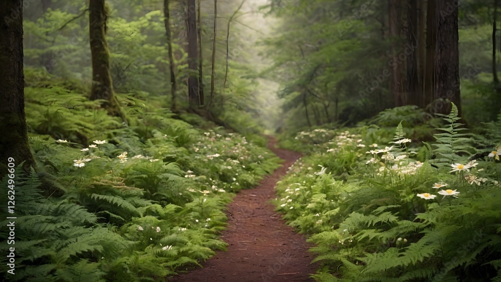 Peaceful Forest Path Surrounded by Lush Greenery and Blooming Flowers in Early Morning Light Peaceful Forest Path Surrounded by Lush Greenery and Blooming Flowers in Early Morning Light