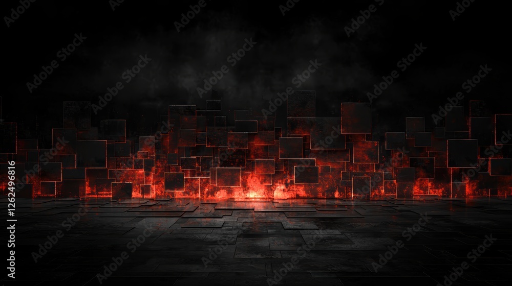 Fototapeta premium Panoramic Abstract Visualization of Techno-Inspired Digital Landscape with Fiery Elements