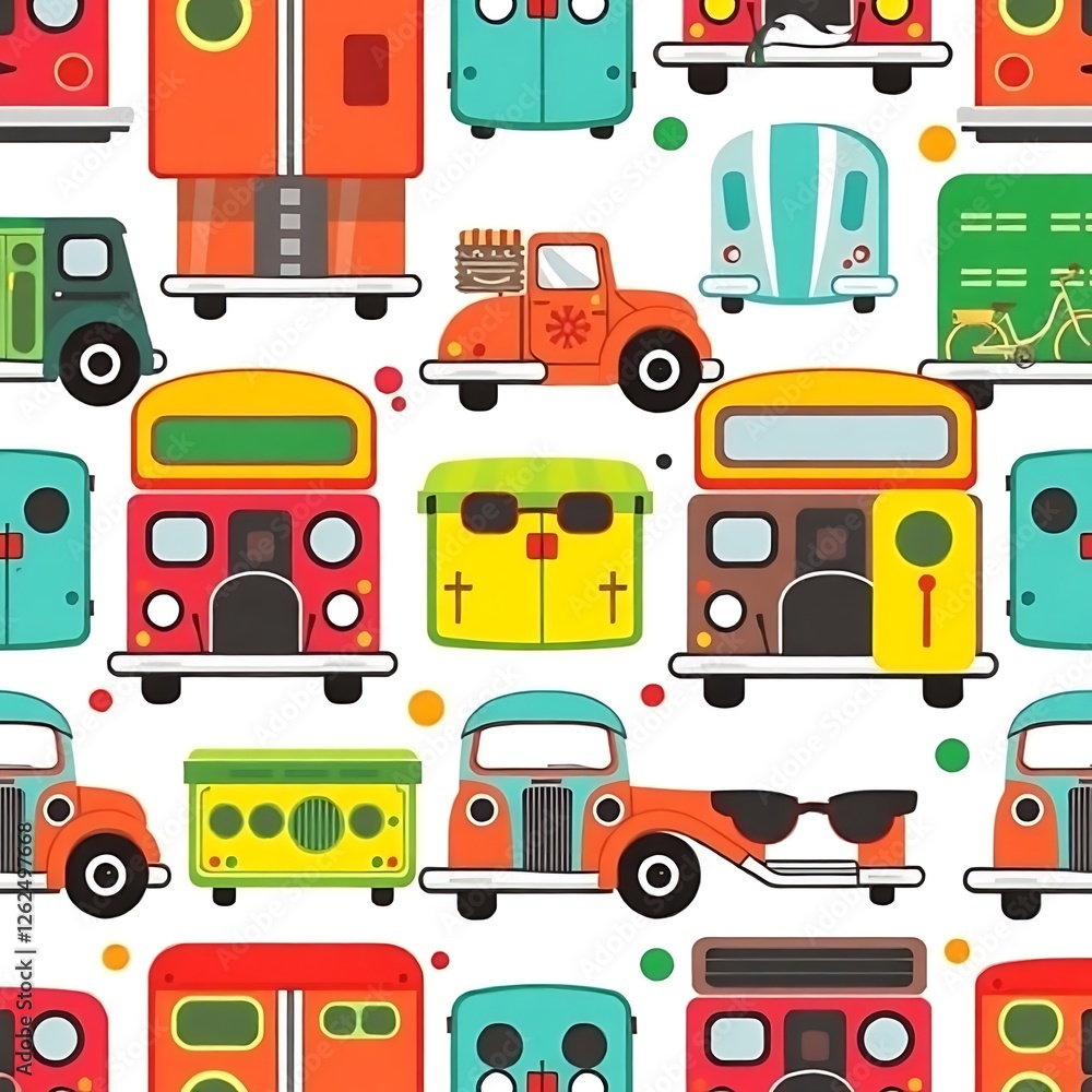 Naklejka premium Retro Vehicle Seamless Pattern: A vibrant and playful seamless pattern featuring a colorful array of retro vehicles, including buses, cars, trucks, and a bicycle.