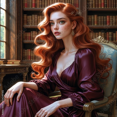 ELEGANT BEAUTY: A CLASSIC PORTRAIT OF A WOMAN WITH VIBRANT AUBURN WAVES IN A VELVET GOWN, SET AGAINST A TIMELESS LIBRARY BACKDROP
 photo