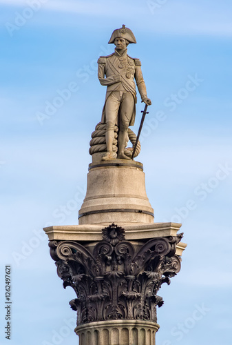 Statue of Admiral Nelson on column in Trafalgar square, London, UK