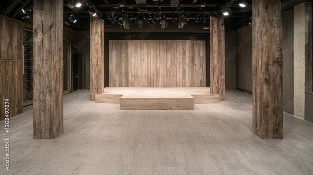 Elegant Panoramic View of a Modern Television Studio with Wooden Accents and Bright Lights Elegant Panoramic View of a Modern Television Studio with Wooden Accents and Bright Lights