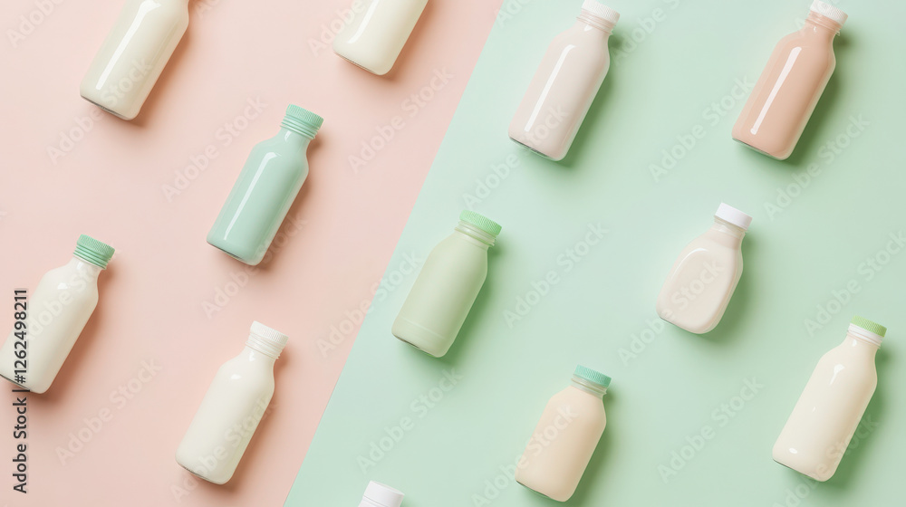 Minimalist layout of various plant based milk bottles in pastel colors, showcasing modern and clean aesthetic. Perfect for health conscious consumers Minimalist layout of various plant based milk bottles in pastel colors, showcasing modern and clean aesthetic. Perfect for health conscious consumers
