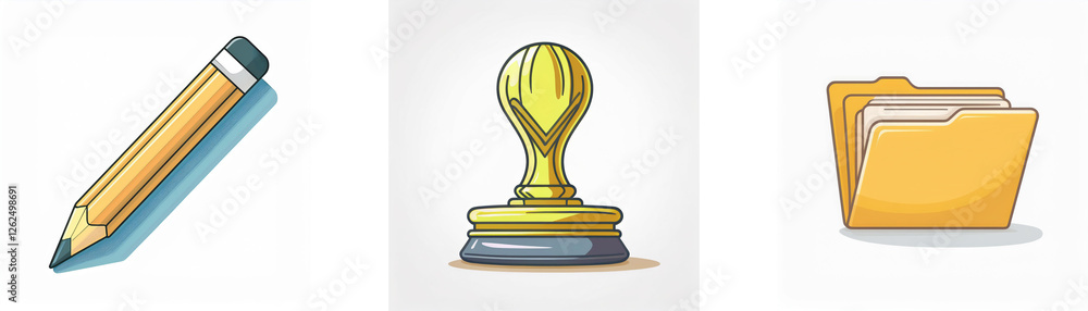 Three icons: a yellow pencil for writing, a golden stamp for approval, and a yellow folder for file organization, all on a white background. Three icons: a yellow pencil for writing, a golden stamp for approval, and a yellow folder for file organization, all on a white background.