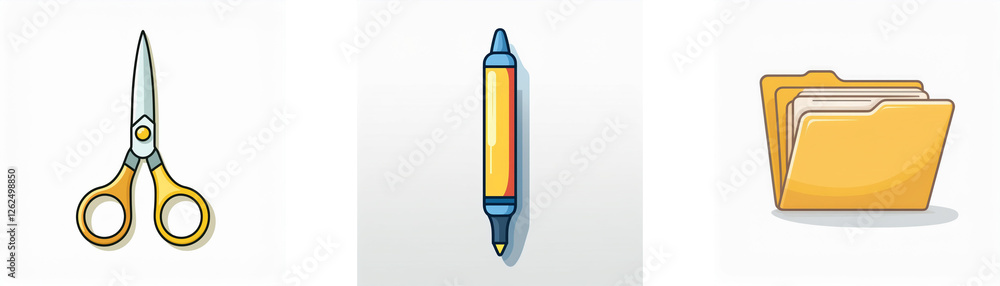 Icons of golden scissors, a yellow highlighter pen, and an open file folder are presented against a plain white backdrop, useful for office or school work. Icons of golden scissors, a yellow highlighter pen, and an open file folder are presented against a plain white backdrop, useful for office or school work.