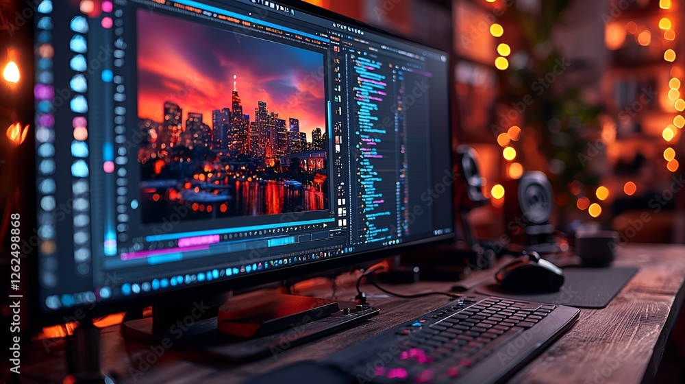 Editing cityscape on computer in a cozy workspace Editing cityscape on computer in a cozy workspace