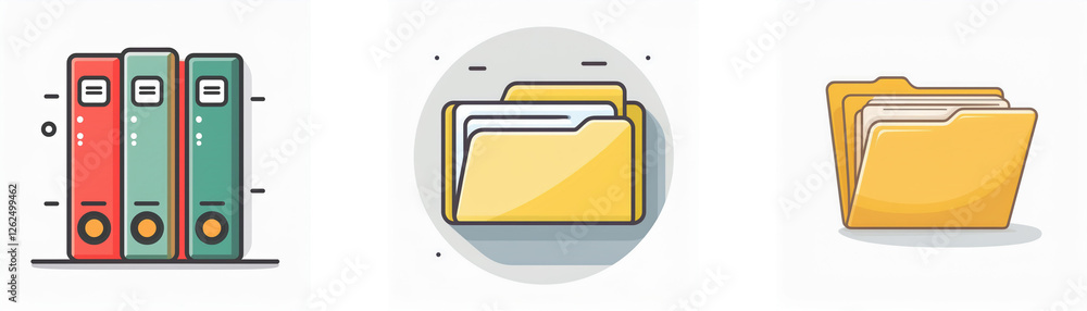 Three icons represent file organization. Binders stand upright and yellow folders suggest document storage and systematic data management. Three icons represent file organization. Binders stand upright and yellow folders suggest document storage and systematic data management.