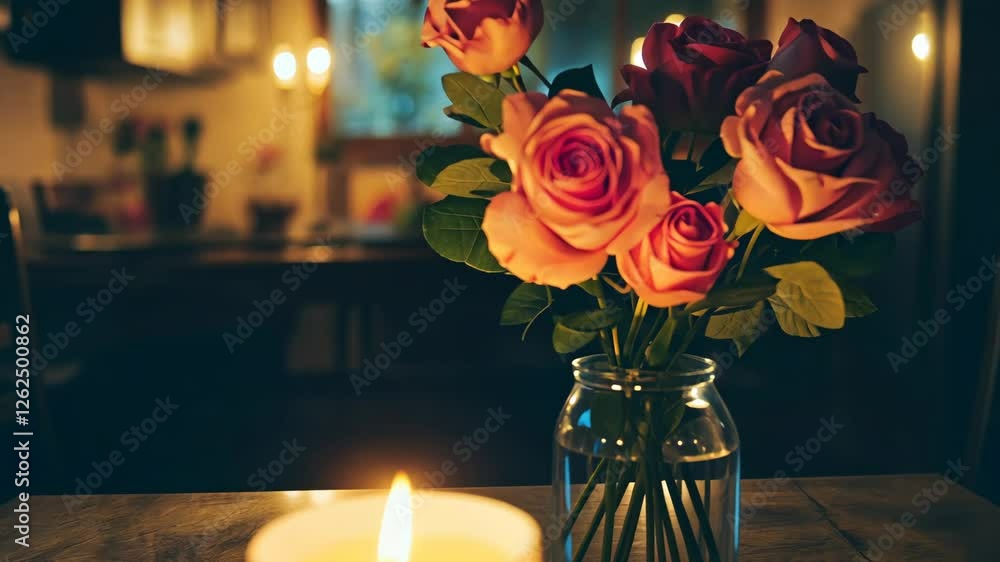 Elegant roses in a vase and a glowing candle create a warm ambiance in a cozy indoor setting during the evening hours Elegant roses in a vase and a glowing candle create a warm ambiance in a cozy indoor setting during the evening hours