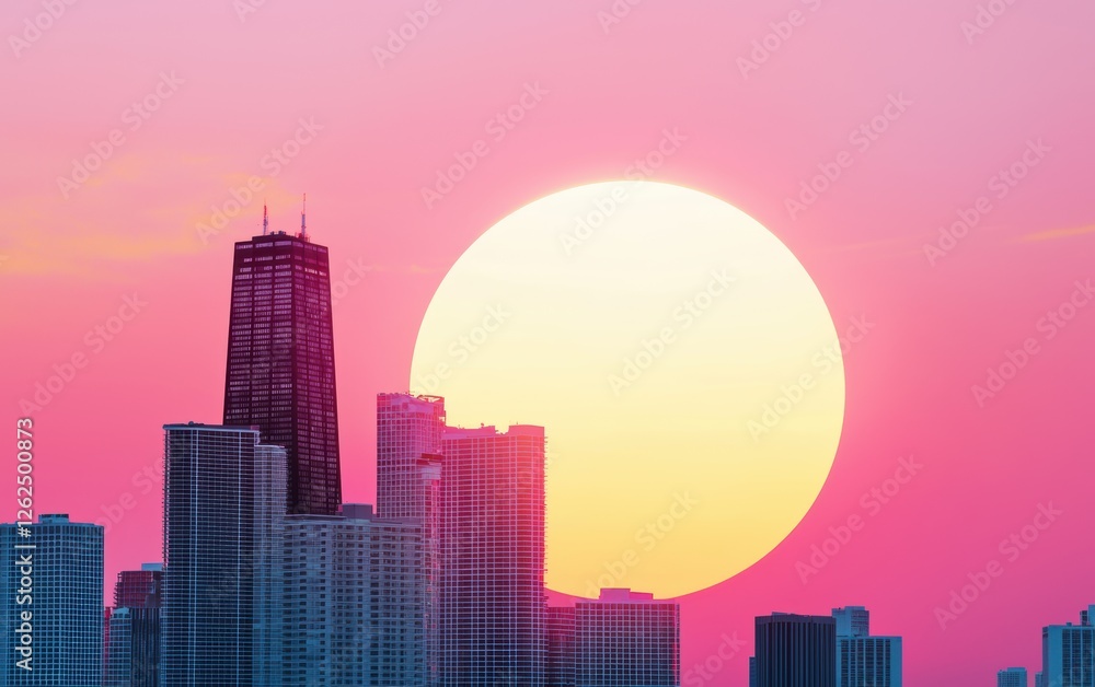 Fototapeta premium Vaporwave-inspired tropical skyline with a massive glowing sun setting behind the skyscrapers, blending nostalgic 80s vibes with modern aesthetics