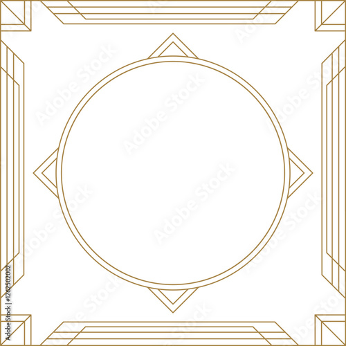 Vintage gold vector frame with art deco geometric decoration, embracing a white circle on a white background